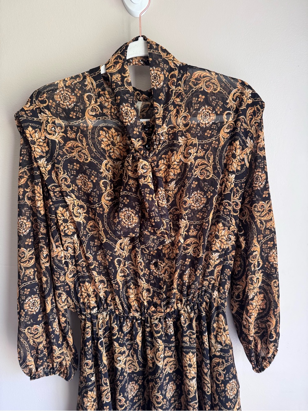 Imperial Scroll Print Tie Neck Dress Fit Flare Black Gold Semi Sheer M - Picture 2 of 11